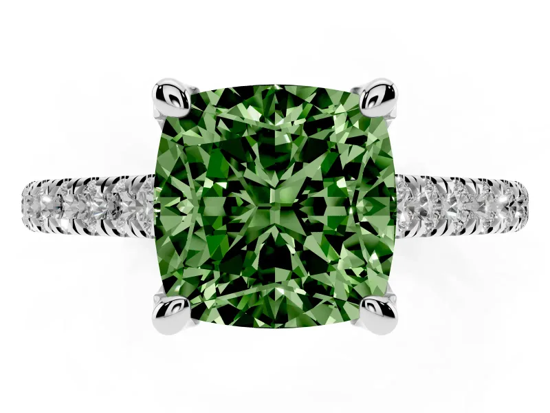 Cushion Cut Hidden Halo Pave Engagement Ring Setting for a Fancy Green Lab-Grown Diamond | Claw Prongs | White Gold
