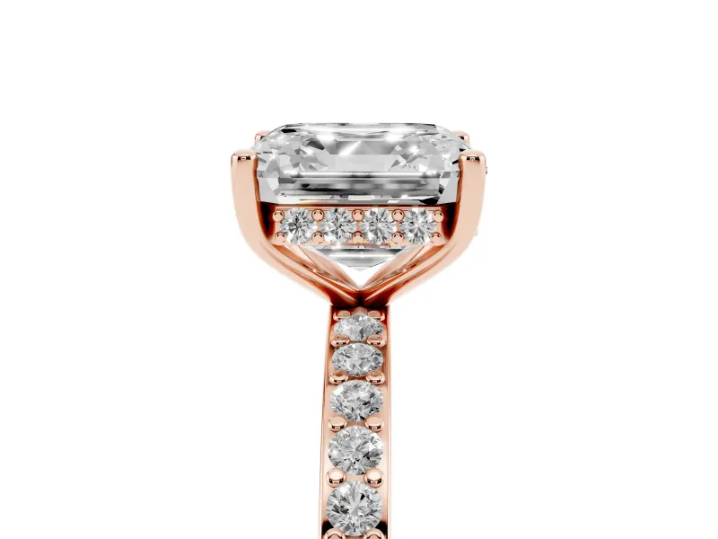 Asscher Cut Diamond Pavé Band Ring Set in Rose gold with Prong-Set Center Stone