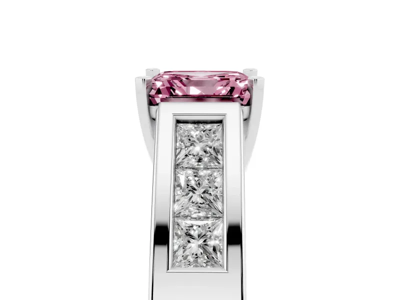 Fancy Pink Asscher Cut Diamond Solitaire Ring Set in White gold with Channel-Set Accent Stones and Prong Setting