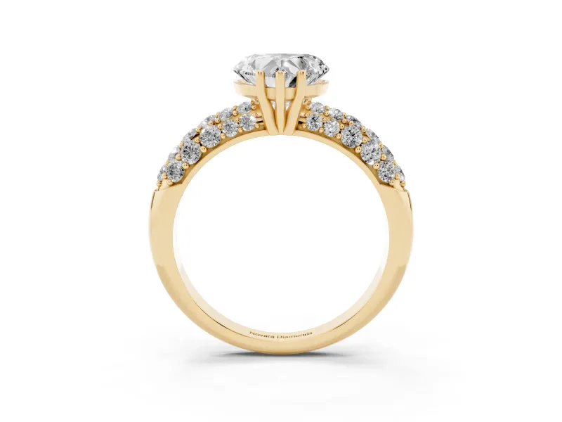 Heart-Shaped Multi Row Pave Solitaire Engagement Ring Setting | Domed Shoulders | Yellow Gold