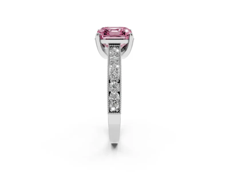 Asscher Cut Hidden Halo Engagement Ring Setting for a Fancy Pink Lab-Grown Diamond | Milgrain Pave | White Gold
