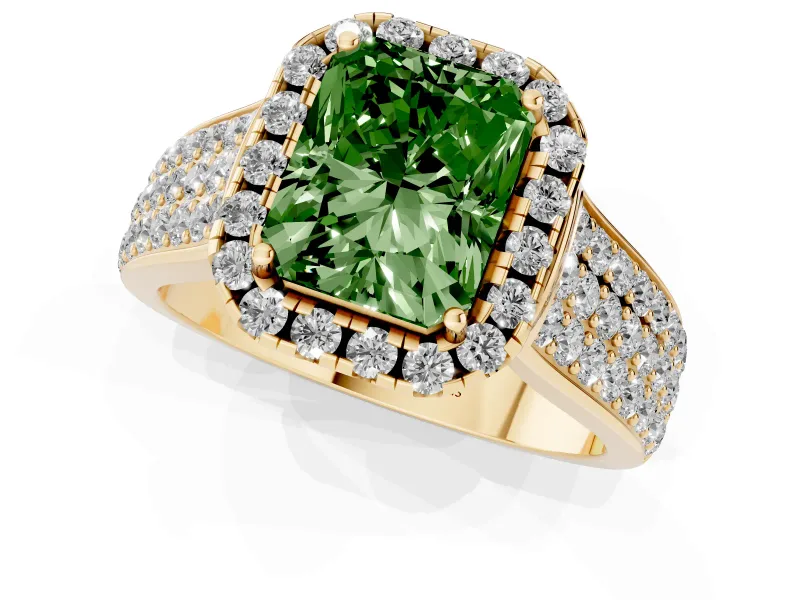Radiant Cut Pavé Engagement Ring Setting for a Fancy Green Lab-Grown Diamond | Wide Three-Row Band | Yellow Gold
