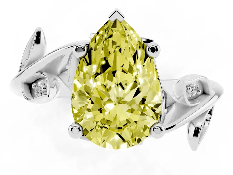Fancy Yellow Pear Cut Diamond Solitaire Twist Engagement Ring Set in Silver with Pavé Leaf Accents