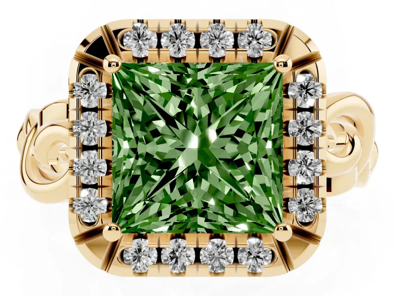 Fancy Green Princess Cut Diamond Halo Ring Set in Yellow gold with Scrollwork Band and Prong Setting