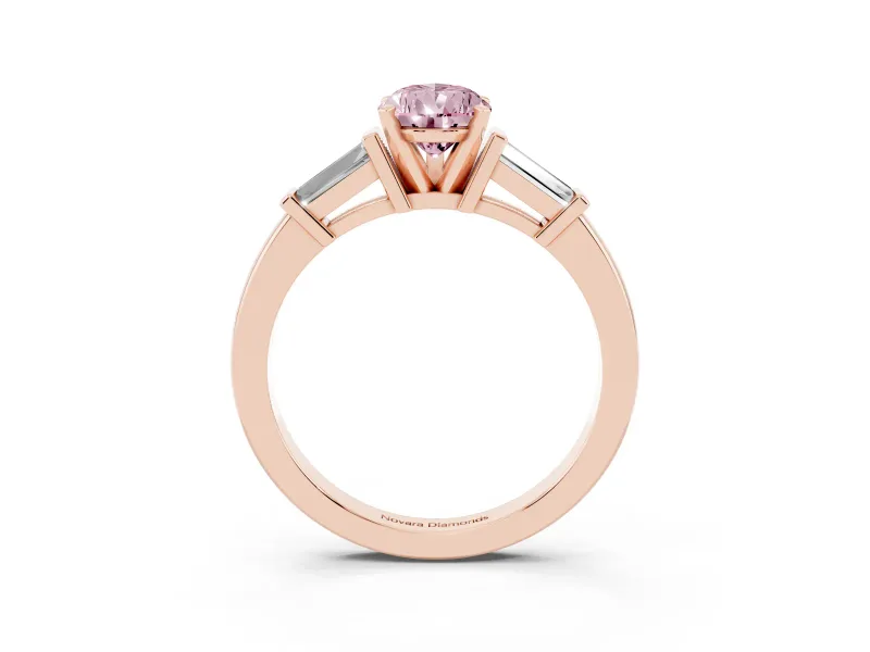 Fancy Pink Pear Cut Diamond Solitaire Ring Set in Rose gold with Tapered Baguette Accents and Prong Setting