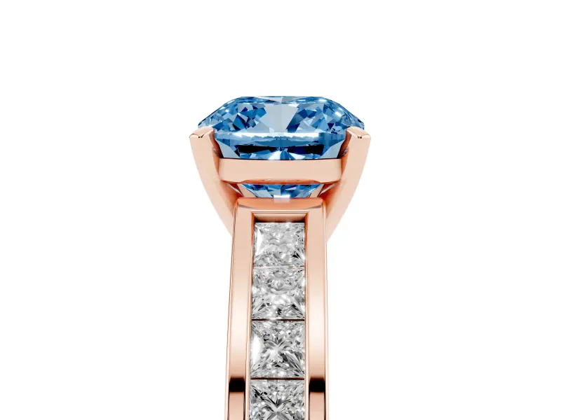 Fancy Blue Cushion Cut Diamond Solitaire Ring Set in Rose gold with Channel-Set Band and Prong Setting