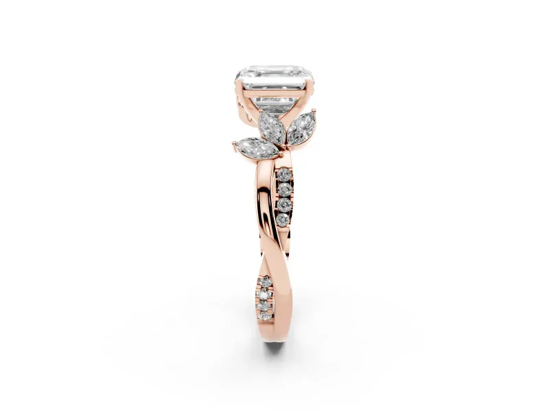 Asscher Cut Diamond Floral Vine Solitaire Engagement Ring Set in Rose gold with Marquise Leaves