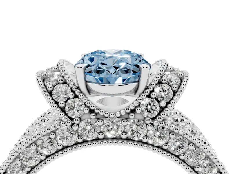 Oval Vintage Pave Engagement Ring Setting for a Fancy Blue Lab-Grown Diamond | Milgrain Edges | Sterling Silver