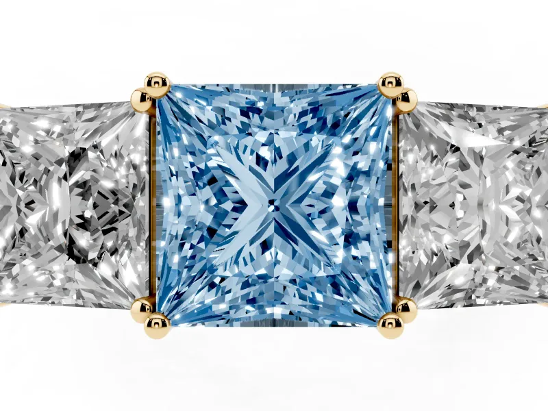 Princess Cut Three Stone Engagement Ring Setting for a Fancy Blue Lab-Grown Diamond | Beaded Shoulders | Yellow Gold