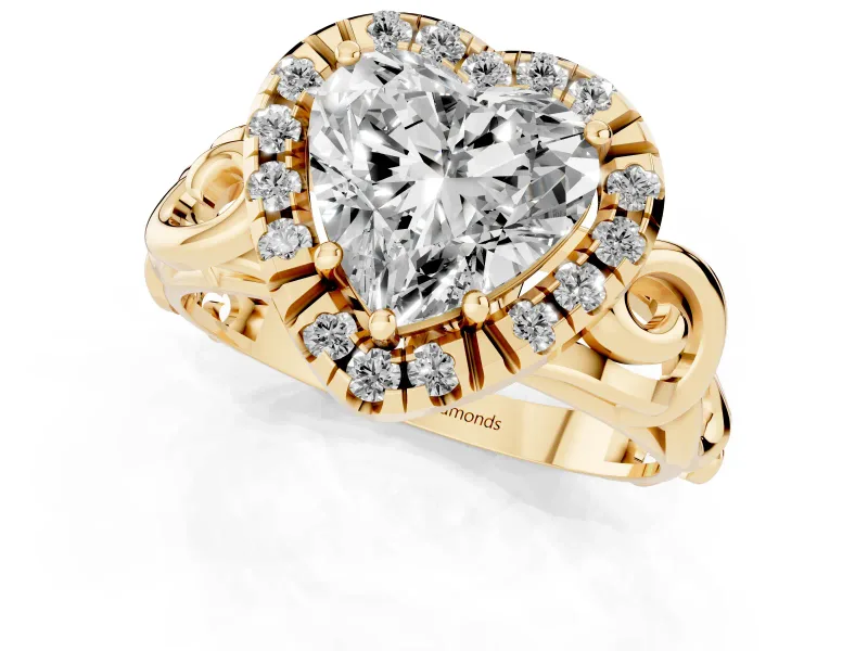 Heart Cut Diamond Halo Ring Set in Yellow gold with Scrollwork Band and Prong Setting