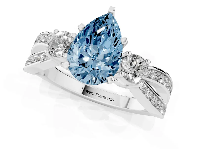 Fancy Blue Three-Stone Pear Cut Diamond Twist Band Ring Set in Silver with Pavé Accents and Prong Setting