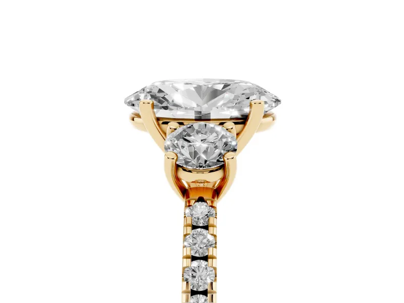 Oval Three Stone Engagement Ring Setting | Pave Shoulders | Yellow Gold