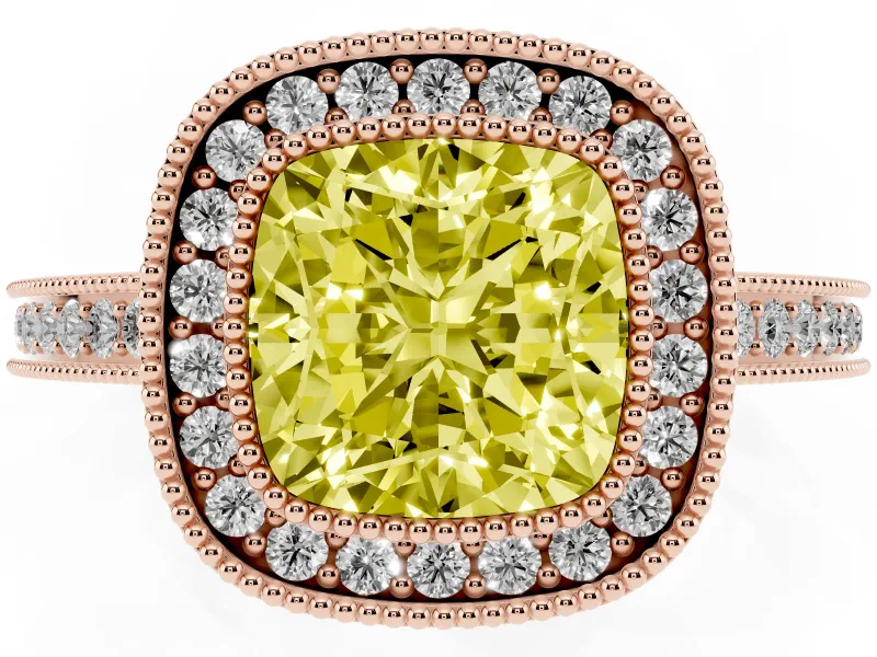Fancy Yellow Cushion Cut Diamond Halo Ring Set in Rose gold with Pavé Band and Milgrain-Edged Prongs