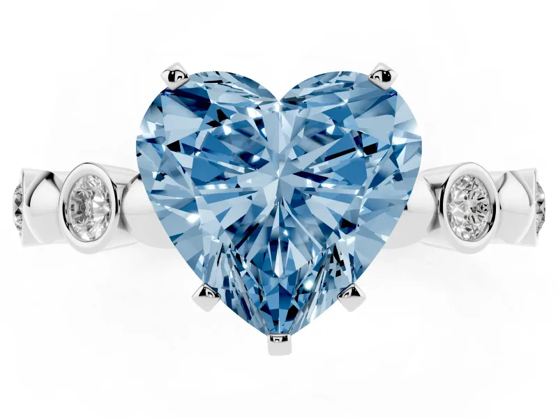 Fancy Blue Heart Cut Diamond Solitaire Ring Set in Platinum with Bezel-Set Accents on Beaded Band and Prong Setting