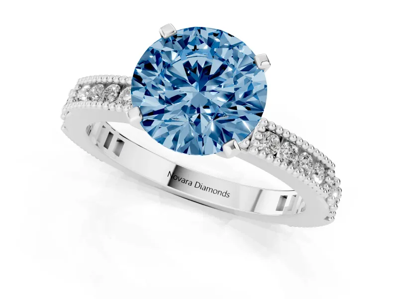 Round Vintage Pavé Engagement Ring Setting for a Fancy Blue Lab-Grown Diamond | Sterling Silver