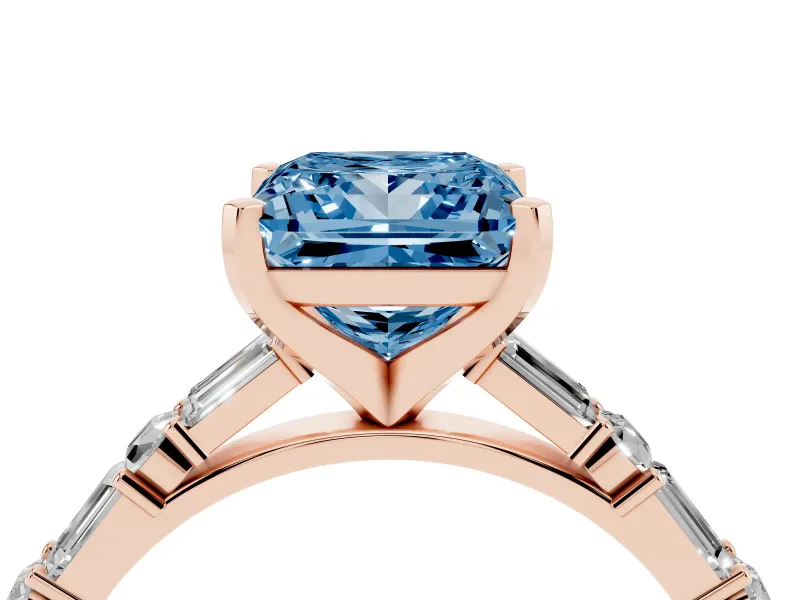 Princess Cut Baguette Side Stone Engagement Ring Setting for a Fancy Blue Lab-Grown Diamond | Rose Gold