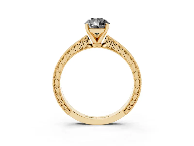 Fancy Black Pear Cut Diamond Solitaire Milgrain Engraved Band Set in Yellow gold with Prong Setting