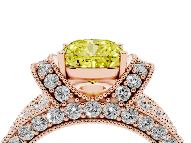 Cushion Cut Vintage Pave Engagement Ring Setting for a Fancy Yellow Lab-Grown Diamond | Milgrain Edges | Rose Gold
