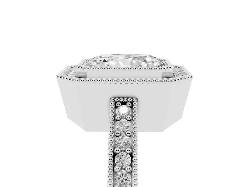 Radiant Cut Milgrain Halo Engagement Ring Setting | Pave Band | White Gold