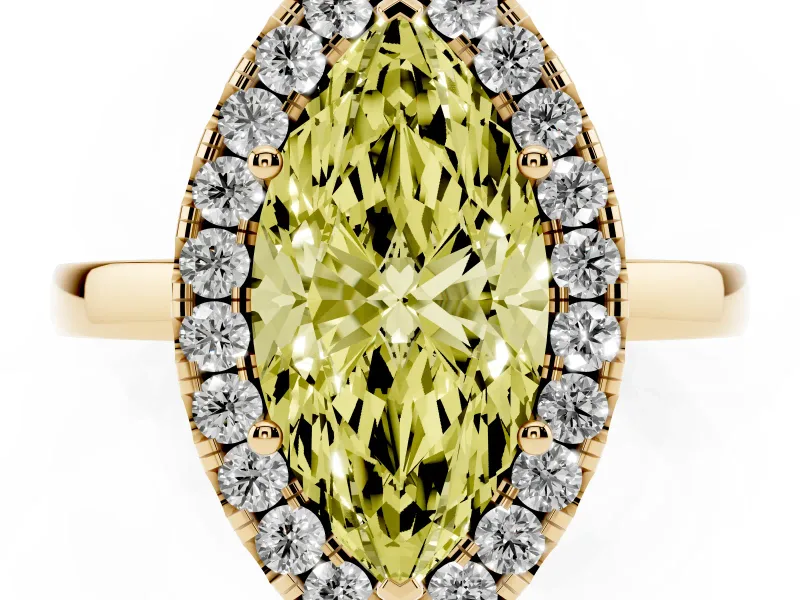 Fancy Yellow Marquise Cut Diamond Halo Solitaire Ring Set in Yellow gold with Pavé Band and Prong Setting