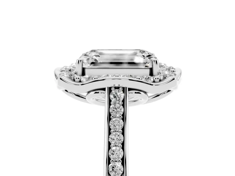 Emerald Cut Petal Tip Halo Engagement Ring Setting | Single Row Pavé Band | Platinum