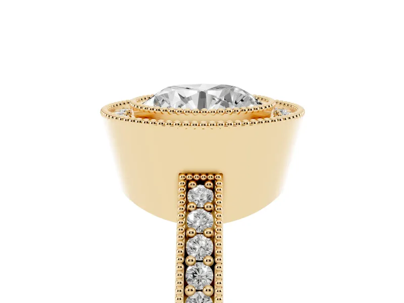 Round Cut Diamond Halo Engagement Ring Set in Yellow gold with Pavé Band and Round Halo Stones