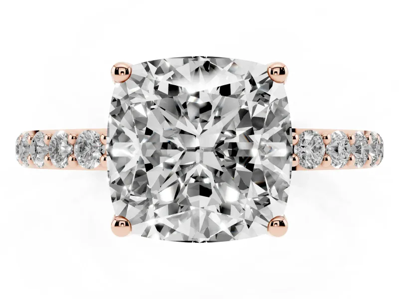 Cushion Cut Pave Solitaire Engagement Ring Setting | Fine Line Pave Band | Rose Gold