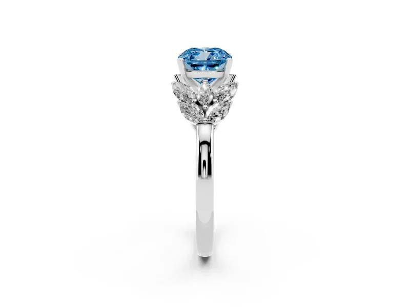 Fancy Blue Cushion Cut Diamond Cluster Leaf Design Ring Set in Platinum with Prong Setting