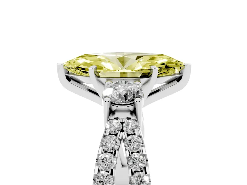 Fancy Yellow Marquise Cut Diamond Three-Stone Ring Set in Platinum with Pavé Split Shank and Prong Setting