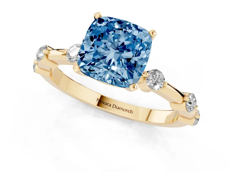 Cushion Cut Bar Set Engagement Ring Setting for a Fancy Blue Lab-Grown Diamond | Yellow Gold