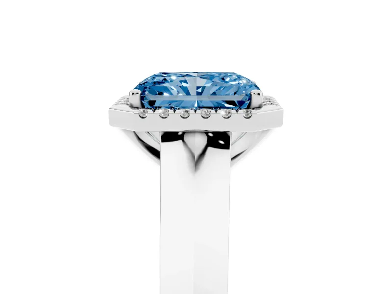 Fancy Blue Radiant Cut Diamond Halo Ring Set in Silver with Cathedral Band and Prong Setting