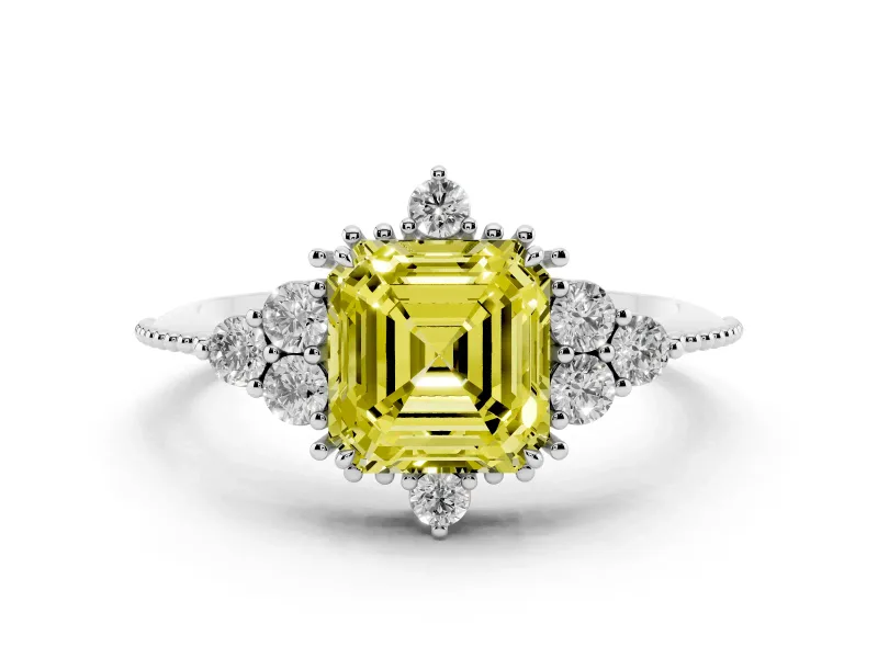 Fancy Yellow Asscher Cut Diamond Cluster Ring Set in Platinum with Beaded Band
