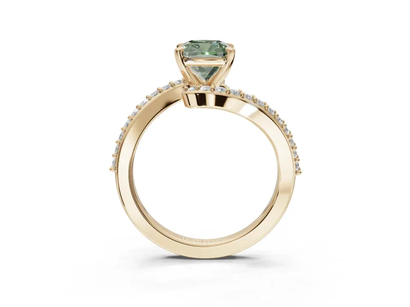 Cushion Cut Bypass Pavé Engagement Ring Setting for a Fancy Green Lab-Grown Diamond | Yellow Gold