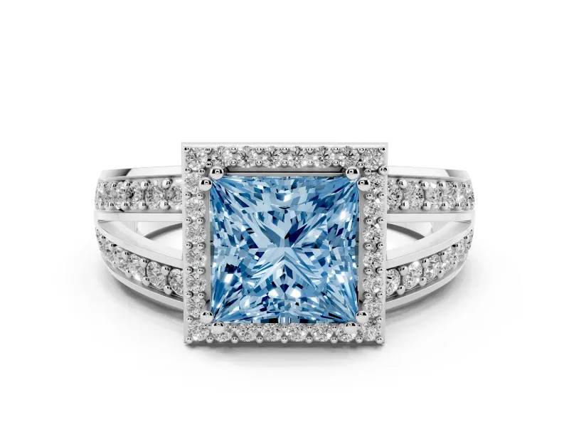 Fancy Blue Princess Cut Diamond Halo Ring Set in White gold with Double Pavé Split Shank