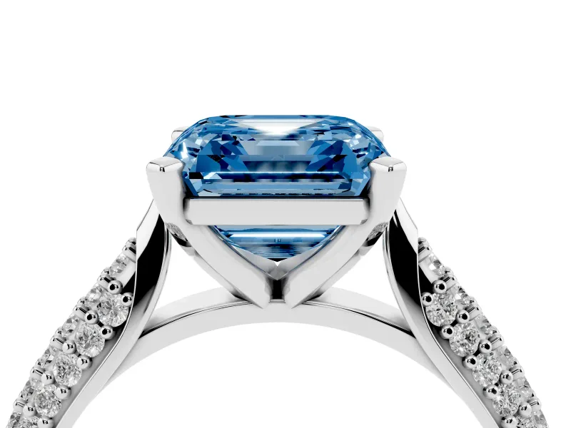 Fancy Blue Asscher Cut Diamond Solitaire Engagement Ring Set in Platinum with Multi-Row Round Pavé Band and Prong Setting