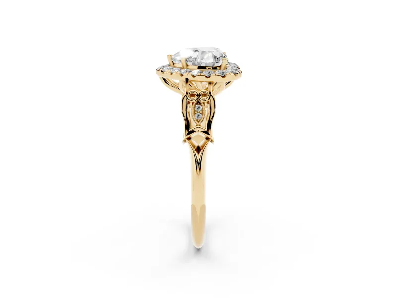 Heart-Shaped Vintage Halo Engagement Ring Setting | Pierced Filigree Shoulders | Yellow Gold