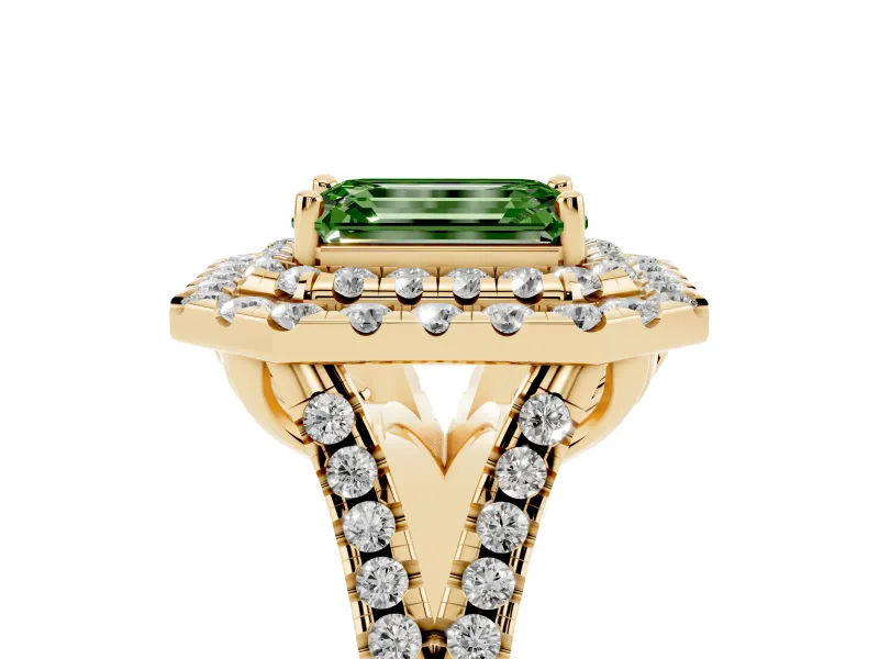 Emerald Cut Halo Split Shank Engagement Ring Setting for a Fancy Green Lab-Grown Diamond | Yellow Gold