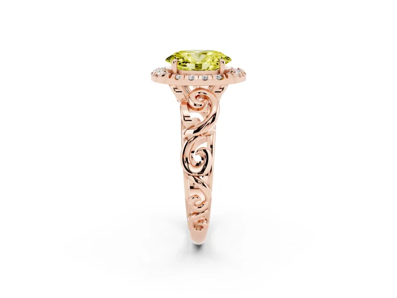 Fancy Yellow Oval Cut Diamond Halo Ring Set in Rose gold with Scrollwork Band and Prong Setting
