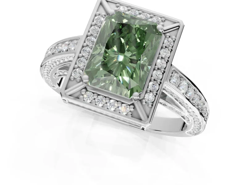 Radiant Cut Sectioned Halo Engagement Ring Setting for a Fancy Green Lab-Grown Diamond | White Gold