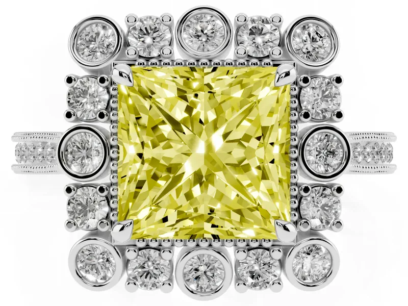 Fancy Yellow Princess Cut Diamond Halo Milgrain Pavé Ring Set in Platinum with Prong Setting