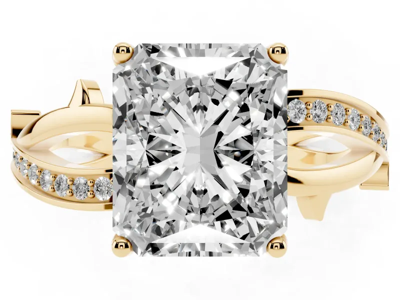 Radiant Cut Diamond Pavé Twist Band Solitaire Ring Set in Yellow gold with Prong Setting