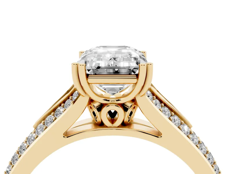 Emerald Cut Pave Split Shank Engagement Ring Setting | Double Claw Prongs | Yellow Gold