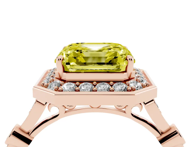 Asscher Cut Halo Engagement Ring Setting for a Fancy Yellow Lab-Grown Diamond | Bezel Station Shoulders | Rose Gold