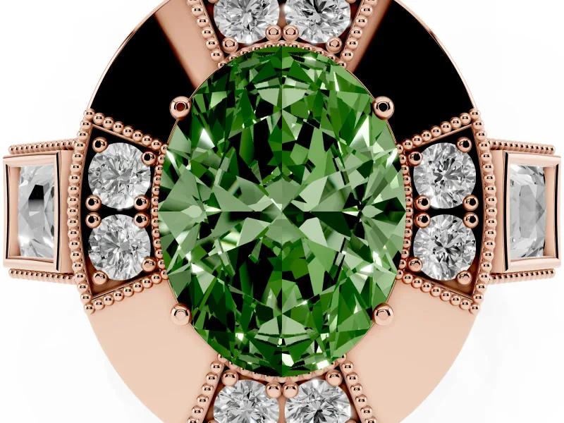 Fancy Green Oval Cut Diamond Milgrain Halo Ring Set in Rose gold with Split Shank