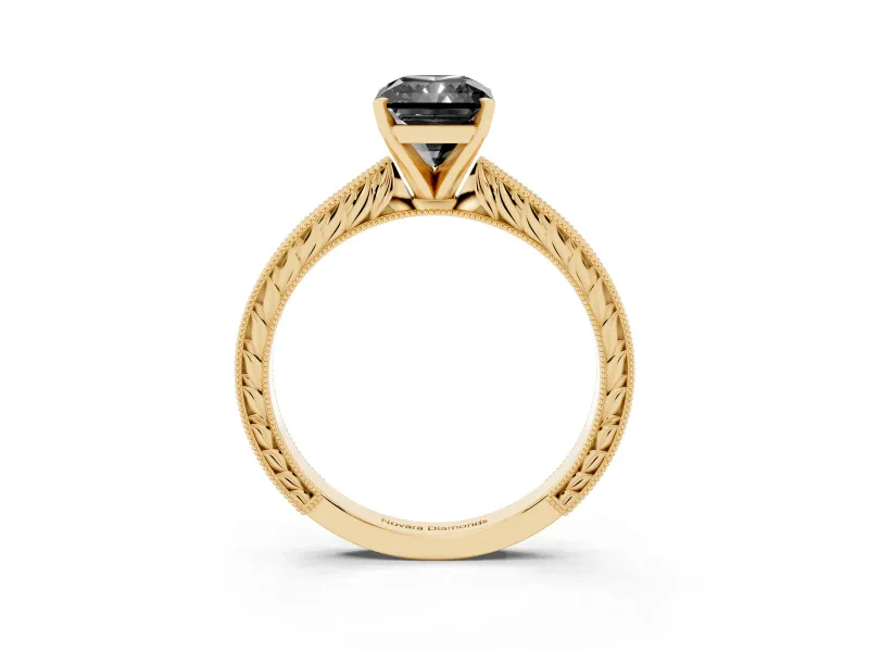 Radiant Cut Engraved Solitaire Engagement Ring Setting for a Black Center | Yellow Gold