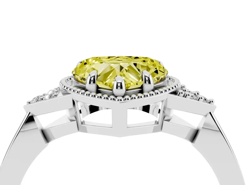 Fancy Yellow Heart Cut Diamond Milgrain Solitaire Ring Set in White gold with Tapered Pavé Band and Prong Setting