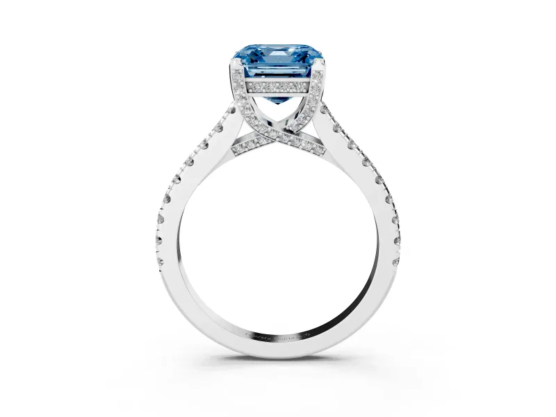 Asscher Cut Hidden Halo Pave Engagement Ring Setting for a Fancy Blue Lab-Grown Diamond | Claw Prongs | Sterling Silver