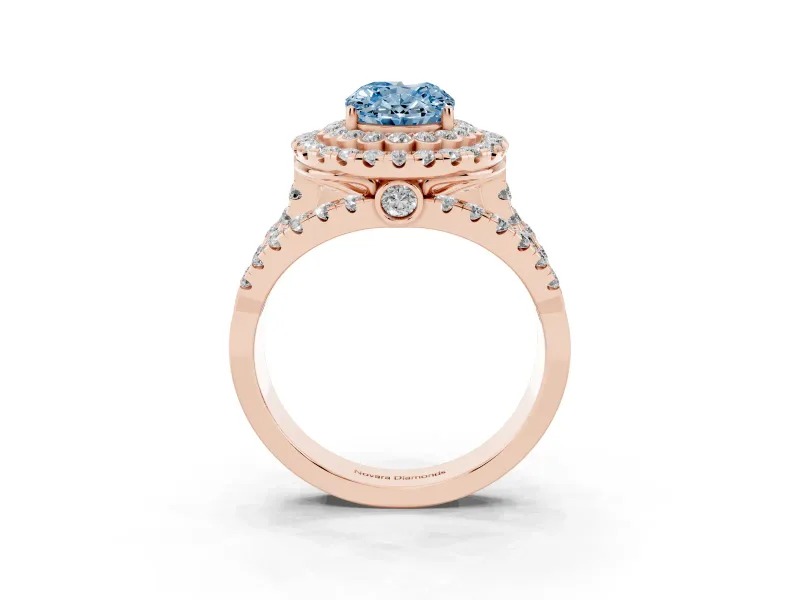 Oval Double Halo Split Shank Engagement Ring Setting for a Fancy Blue Lab-Grown Diamond | Pave Strands | Rose Gold