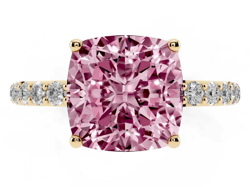 Cushion Cut Pave Solitaire Engagement Ring Setting for a Fancy Pink Lab-Grown Diamond | Slim Band | Yellow Gold