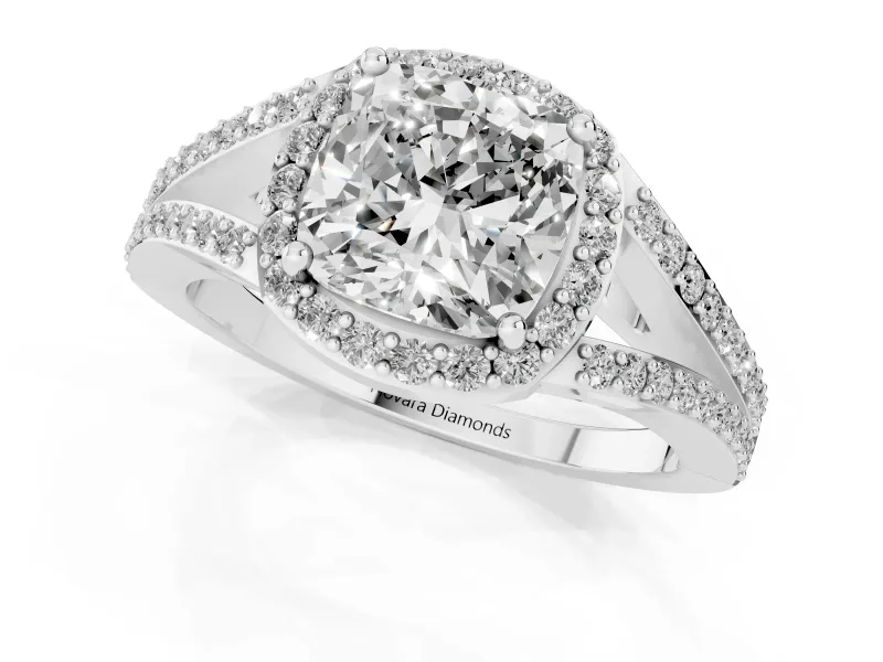 Cushion Cut Halo Engagement Ring Setting | V-Split Pavé Band | Platinum